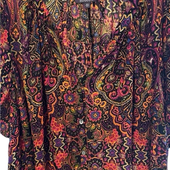 EC Roaman's Multicolor Floral Short Sleeve Button Front Blouse Size 36W - Picture 6 of 7